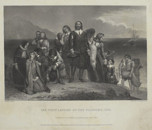 The First Landing of the Pilgrims, 1620; plate drawn by Charles Lucey and engraved by T. Phillibrown (1856). Courtesy of the American Antiquarian Society.