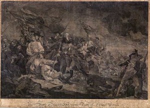 The Battle of Bunker Hill, or the Death of General Warren, by John Trumbull, Esqr., engraved by J. Norman, 1786. John Trumball portrayed Warren's death at Bunker Hill in neoclassical style and composition, alluding to the patriot's heroic and tragic death. Perhaps the artist was influenced also by the classical aura that may have been building around his oration in a Ciceronian toga. Taken from the Visual Materials at the American Antiquarian Society. Courtesy of the American Antiquarian Society.