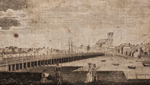 Fig. 3 "View of the Bridge over the Charles River," engraving attributed to Samuel Hill by Stauffer, No. 1398, 9.4 x 17.1 cm. Engraved for the Massachusetts Magazine, September 1789, vol. 1, No. IX (Boston, 1789). Courtesy of the American Antiquarian Society, Worcester, Massachusetts.