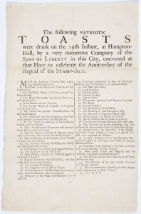 Broadside, “The Following Patriotic Toasts were Drank on the 19th Instant, at Hampton-Hall” (New York, 1770). Courtesy of the American Antiquarian Society, Worcester, Massachusetts.  