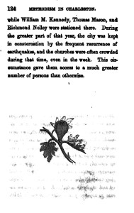 3. A poppy bud, apparently an emblem of the church, engraved to emphasize black and white. The poppy is a traditional symbol of Christ. In 1856, Mood placed this illustration after a passage describing the mixed-race membership of Charleston Methodist congregations, projecting the colors of two races onto Christ. Page 124, F. A. Mood, Methodism in Charleston: A Narrative (Nashville, 1856).