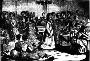 Fig. 4. Artist unknown, "The Ladies Club at Delmonico’s." From Harper’s Bazar (May 16, 1868). Courtesy of Rutgers University. (Click image to enlarge.)