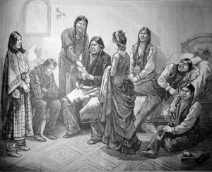 Fig. 7. "Illustrated interview of Our Lady Artist with the Ute Indian Chiefs and Prisoners in Washington, D. C.—From a sketch by Miss Georgie A. Davis." From Frank Leslie’s Illustrated Newspaper (April 3, 1880). Courtesy of Special Collections Division, Newark Public Library.