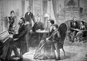 Fig. 8. "Washington, D. C.—Social life in the national capital—An evening in the private parlors of the executive mansion—From a sketch by Miss Georgie A. Davis." From Frank Leslie’s Illustrated Newspaper (April 3, 1880). Courtesy of Special Collections Division, Newark Public Library. (Click image to enlarge.)