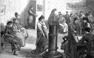 Fig. 9. G. A. Davis, "New York City—The waiting-room in the building of the Working Woman’s Protective Union." From Frank Leslie’s Illustrated Newspaper (February 5, 1881). Courtesy of American Social History Project. (Click image to enlarge.)