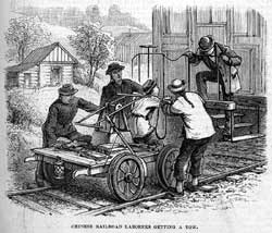 fig. 6. Harry Ogden and Walter Yaeger. "Chinese Railroad Laborers Getting a Tow." From Frank Leslie’s Illustrated Newspaper (February 8, 1878). Courtesy of Old York Library, Graduate Center, CUNY.