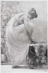 Fig. 9. Lacing the Sandal, engraved by Frank French from a painting by F. D. Millet. Published in Engravings on Wood by Members of the Society of American Wood-Engravers (1887). Courtesy of the Beinecke Rare Book and Manuscript Library, Yale University. 