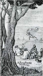 An image of a prayer conventicle. The hounding "informer" in the tree recreates the sense of martyred embattlement felt by schismatic puritans. Joseph D. Sawyer, The Romantic and Fascinating Story of the Pilgrims and Puritans (New York, 1925). From the collection of the University of Iowa Libraries, Iowa City, Iowa.
