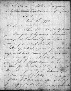 The first letter that Fithian wrote to Elizabeth Beatty, dated July 15, 1770. From the Fithian Papers, Manuscripts Division, Department of Rare Books and Special Collections, Princeton University Library. Courtesy of the Princeton University Library. Click for an enlargement. Click here for a transcription.