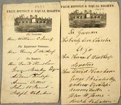 Fig. 1. These Massachusetts "Free Bridge & Equal Rights" ballots for governor and state senators in 1827 are hybrid print and manuscript ballots. Infrastructure projects recur in ballot imagery, as of course they do in political discourse. The iconography refers to a proposed bridge over the Charles River, a flashpoint for a complex political drama. A major player was David Henshaw, running for state senator, who would figure in the transition to printed party ballots. His "party" (such as it was) lost—William Jarvis, who appears on the left, had in fact declined the nomination for governor—but Henshaw had a long political career. Each ballot 3.5 x 6 inches. Courtesy of the American Antiquarian Society, Worcester, Massachusetts. 