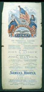 Fig. 12. Using imagery in play since the American Revolution, with the red Phrygian caps on the flag and adorning the emblem of Liberty, this 1864 Boston Republican presidential ballot blends icons of peace (the dove) and war (the cannon) with that of the nation (the eagle). The color printing has slipped slightly out of register on this ballot, which lends it a sense of animation. Courtesy of the American Antiquarian Society, Worcester, Massachusetts. 