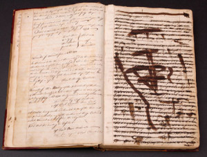Fig. 1. The Tory Protest, officially expunged from the Worcester Town Records on August 24, 1774, with the text crossed out (note both the straight lines and tight spirals) and smudges from Clark Chandler's ink-soaked fingers. Courtesy of the Worcester City Clerk.