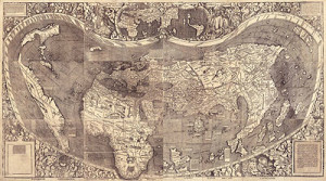 Universalis cosmographia secundum Ptholomaei traditionem et Americi Vespucii alioru[m] que lustrationes, Martin Waldseemüller, (1507). This digital image is a composit map (128 x 233 cm.) from twelve separate sheets (46 x 63 cm. or smaller). Courtesy of the Geography and Map Division of the Library of Congress, Washington, D.C. Click to enlarge in new window.