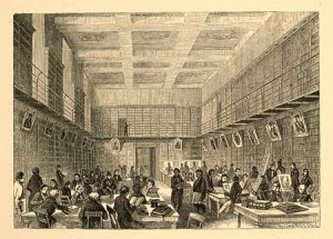 "Reading Room, British Museum," artist, Henry Walker Herrick, wood engraving by Messrs. Richardson & Cox. Page 114 from Washington Irving, The Sketch Book of Geoffrey Crayon, Gent., "Artist's Edition" (New York, 1864). Courtesy of the American Antiquarian Society, Worcester, Massachusetts.