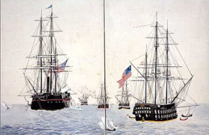Fig. 1. Japanese artists were instructed to assemble a visual narrative of the American arrival. In the foreground is the USS Mississippi and to the right, USS Saratoga. Commodore Perry's flagship, USS Powhatan, appears on a separate scroll. "Assembled Pictures of Commodore Perry's Visit," artist and date unknown. Courtesy of the Tokyo Historiographical Institute and the MIT "Visualizing Cultures" program.