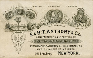 Fig. 8. "Trade card of E. & H.T. Anthony & Co.," 8 x 12 cm, New York (between 1870 and 1900?). Courtesy of the American Antiquarian Society, Worcester, Massachusetts.