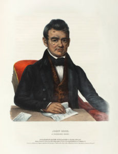John Ross served as Principal Chief of the Cherokee Nation during the tumultuous removal era. Like other Cherokee slaveholders, when Ross and his family traveled west in 1838-39 on the Trail of Tears, they took their slaves with them to Indian Territory. "John Ross, A Cherokee Chief," hand-colored lithograph by John T. Bowen after a portrait by Charles Bird King, Philadelphia, 1843. This lithograph was placed between pages 176 and 177 of the History of the Indian Tribes of North America, with Biographical Sketches and Anecdotes of the Principal Chiefs: Embellished with One Hundred and Twenty Portraits from the Indian Gallery in the Department of War, at Washington, Vol. III, Thomas L. McKenney, Esq. and James Hall (Philadelphia, 1844). Courtesy of the American Antiquarian Society, Worcester, Massachusetts.