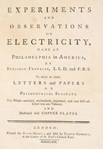 2. Title page from Experiments and Observations on Electricity Made At Philadelphia in America by Benjamin Franklin, L.L.D. and F.R.S., (London, 1769). Courtesy of the American Antiquarian Society, Worcester, Massachusetts.