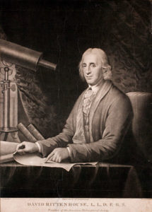 7. "Portrait of David Rittenhouse, L.L.D. F.R.S.," mezzotint print done after Charles Willson Peale's portrait. Edward Savage, engraver, 49 x 35 cm., (Philadelphia, 1796). Courtesy of the American Portrait Prints Collection, the American Antiquarian Society, Worcester, Massachusetts.