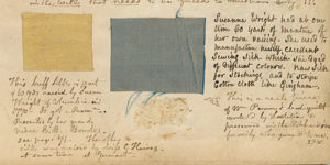 8. Page with Susanna Wright's silk sample, page 165 from "Watson's Annals Ms.," John F. Watson (1823). Courtesy of the Library Company of Philadelphia, Philadelphia, Pennsylvania.