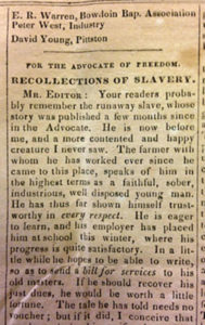 7. "Sequel to Recollections of Slavery," published in the Advocate of Freedom, February 1839. Courtesy of the Maine Historical Society, Portland, Maine (www.mainehistory.org/).