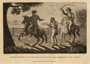 "Barbarity Committed on a Free African," drawing by Alexander Rider, engraved by Alexander Lawson, 8.7 x 14.3 cm. Illustration for face page 36, A Portraiture of Domestic Slavery in the United States, Jesse Torrey, (Philadelphia, 1817). Courtesy of the American Antiquarian Society, Worcester, Massachusetts. Click image to enlarge in new window.