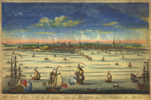 Fig. 2. By the mid-eighteenth century, Boston and other ports all around the Atlantic were connected through a network of trade which reached out to Asia, Africa and South America, and powered European expansionism. "A South East View of the Great Town of Boston in New England in America," hand-colored etching by John Carwitham, image and text 29 x 44 cm., on sheet 30 x 45 cm., (London, between 1730 and 1760?). Courtesy of the American Antiquarian Society, Worcester, Massachusetts.