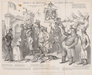 Fig. 4 "Trouble in the Spartan Ranks": A political print issued by Charter government sympathizers shortly after the conclusion of the rebellion. The scene depicts Dorr's followers gathered in front of the Providence arsenal. Dorr (top right) is depicted with the so-called cloven foot of abolitionism. The caption above Dorr refers to jury trials for fugitive slaves, a provision incorrectly claimed to have been incorporated into the People's Constitution. C. Maolsehber del., Thayer & Col, lith., (Boston, 1843). Courtesy of the American Antiquarian Society, Worcester, Massachusetts. Click to enlarge in a new window.