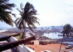 Fig. 4. View of the town of Elmina from one of the upper bastions of the castle. The Gulf of Guinea is to the left and the Benya Lagoon is to the right.