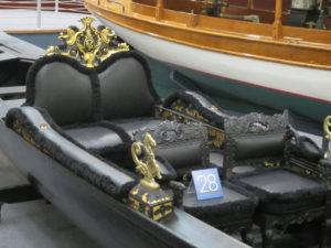 Figure 6. Detail of the Moran gondola’s passenger compartment, as installed in the International Small Craft Center at the Mariners’ Museum, Newport News, VA. The museum’s current installation of the gondola does not include the felze. Photograph courtesy the author.