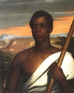 Fig. 1. A highly romanticized portrait of Cinqué, hero of the Amistad. The stoic pose and Greco-Roman attire project the image of a classical statesman, while the bamboo pole and ominous weather hint at his embrace of libratory violence. This portrait was commissioned by prominent African American activist Robert Purvis and completed by white abolitionist Nathaniel Jocelyn sometime around 1840. Courtesy of the New Haven Museum and Historical Society.