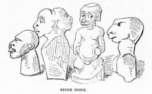 Fig. 2. Despite their best efforts, the missionaries could not convince most of the Amistad survivors to abandon their indigenous beliefs. These "very ancient" stone idols were believed by the Mende to contain great power and were presented with sacrificial offerings. Sketch from George Thompson, The Palm Land, or West Africa, Illustrated (Cincinnati, 1858). Photograph courtesy of the author; original in the Yale University Libraries.