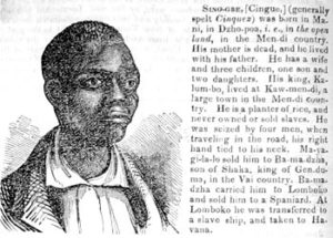 Fig. 3. A short biography of Cinqué published in the American and Foreign Anti-Slavery Reporter in December 1840. The facial features of this portrait, especially the thick black hair and lips, seem to present Cinqué at his most stereotypically "African." Few, if any, historians have bothered to consult the Anti-Slavery Reporter, a rich source of information on the fate of the former Amistad captives. Photograph courtesy of the author; original in the Yale University Libraries.