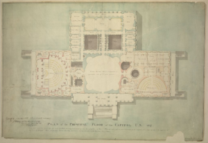 5. Benjamin Henry Latrobe, "United States Capitol, Washington, D.C. Principle floor plan, vestibule, House of Representatives, Senate Chamber, Library / Respectfully submitted to the President of the U. States by B. Henry Latrobe, survr. of the Capitol, U.S., April 24th, 1817." Ink, watercolor, wash, and graphite on paper, 22 x 32 in. The Library of Congress Prints and Photographs Division, Architectural Drawings for the United States Capitol. 
