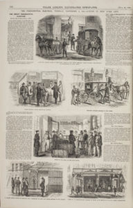 7. Artist unknown, “Removing Ballot Boxes to the Polls,” “Scene at the Polls in the Five Points,” and “The Man Who Voted ‘Early and Often,” from “The Great Presidential Election: Scenes,” Frank Leslie’s Illustrated Newspaper XIX, no. 478 (November 26, 1864), 156-7. Courtesy of the American Antiquarian Society, Worcester, Massachusetts.