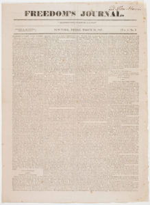 Cover of Freedom's Journal, March 30, 1827, vol.1 no. 3 (New York). Courtesy of the American Antiquarian Society, Worcester, Massachusetts.