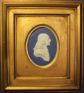 5. Jasperware cameo portrait medallion of John Wesley in gilt frame. Wedgwood Manufactory (late 18th century). Courtesy Wesleyan University Library, Special Collections & Archives. Photo by the author.