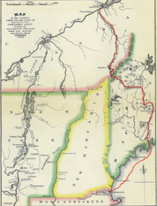 "Map of the Country which was the Scene of Operations of the Northern Army..." from the atlas included in The Life of Washington by John Marshall (1805). The image was republished in a subsequent edition of The Life of Washington by the Walton Book Company in 1930. The red dotted lines were added by David Picton in 2010 to show the route of the expedition. Map courtesy of the author.