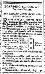 3. Advertisement for the Pleasant Valley Boarding School from The Poughkeepsie Journal, and Constitutional Republican (June 7, 1803). Image reproduced by permission of ProQuest, www.proquest.com.