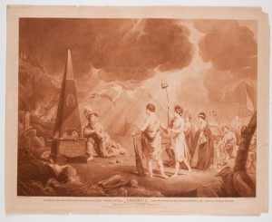 5. “America. To Those, who wish to Sheathe the Desolating Sword of War. And, to Restore the Blessings of Peace and Amity, to a divided People,” stipple engraving by Joseph Strutt after Robert Edge Pine, 1778, printed in red ink (London, 1781). Courtesy of the American Antiquarian Society, Worcester, Massachusetts.