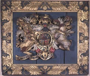 Fig. 7. The royal coat of arms depicted in the Ames tavern sign was probably similar to this carved wooden plaque, which hung over the Massachusetts colonial governors' residence, the Province House, in Boston (courtesy of the Massachusetts Historical Society).