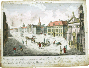 Fig. 3. François Xavier Habermann, Vue de Boston, c. 1776, engraving with hand coloring, 10 x 15 1/2 in. Courtesy of the American Antiquarian Society.