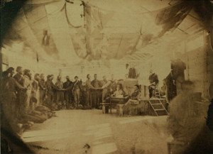 Fig. 6. Paroled Confederates taking loyalty oaths under a Stars and Stripes canopy. Courtesy New York Historical Society. 