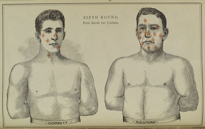 Fig. 1. A blow-by-blow account of the title bout. James Connors, Illustrated History of the Great Corbett-Sullivan Ring Battle (Buffalo, 1892.) "Fifth Round, First blood for Corbett," courtesy General Research Division, the New York Public Library, Astor, Lenox, and Tilden Foundations.