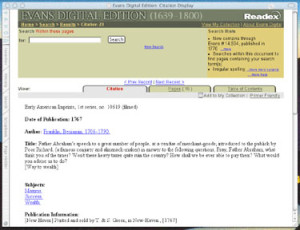 Fig. 10. An example of the citation page for Franklin's "The Way to Wealth." Patrons can also opt to see individual pages or look through the table of contents.