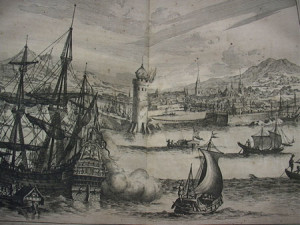 In the imagination of a Dutch engraver, seventeenth century Havana appears to be a city of stylized churches and oriental domes. All that naval action upfront contributes to the exotic atmosphere of the image. The chain at the entrance of the bay is clearly visible. From John Ogilby, America: Being the Latest, and More Accurate Description of the New World, (London, 1671), 332-33. Courtesy of the Department of Special Collections, Charles E. Young Research Library, UCLA.