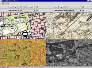Fig. 5. The GIS Quad Viewer showing the same part of San Francisco's Golden Gate Park. Clockwise from lower left: a 1915 map, a modern USGS map, an 1869 map, and a modern aerial photo.
