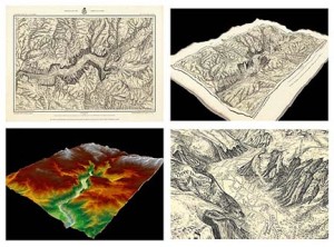 Fig. 6. Images showing the creation of a 3D Map of Yosemite Valley. Clockwise from lower left: a modern digital elevation model (DEM) of the valley, the 1882 Wheeler survey of the valley, a 3D image resulting from combining the DEM and the historic map, and a detail of the 3D historic map. 