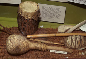 1. Reproduction Powhatan musical instruments, based on descriptions in John Smith's Generall Historie of Virginia, on display at the Pamunkey Indian Tribe Museum, King William, Virginia. Image courtesy of www.NativeStock.com