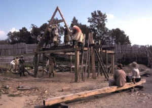 Fig. 1. The carpenters at Plimoth Plantation raise a house at their museum that is similar to the homes they would later build for the set of Colonial House. Photo by Emerson Baker.